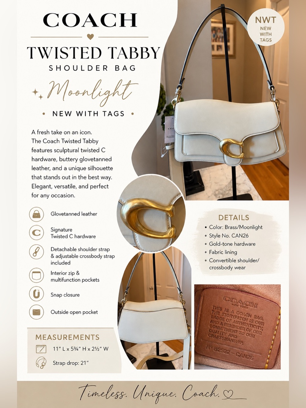 Coach Twisted Tabby Shoulder Bag – Moonlight – NWT